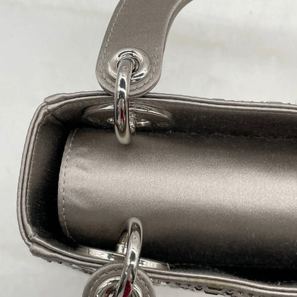 Lady Dior Mini Grey Silk with Crystals Silver Hardware