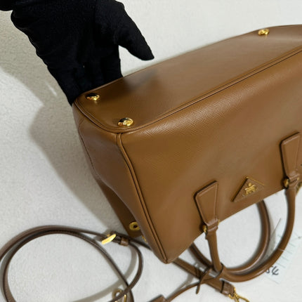 Prada Galleria Saffiano Leather Small Tan Brown Handbag with Strap 25cm