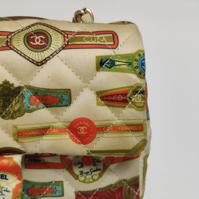 Chanel Classic Flap Mini Satin Paris Cuba Cigar Label Print Beige Multicolor, 2017