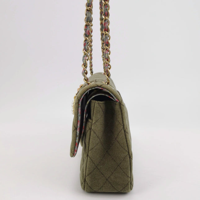 Chanel Classic Flap Green Quilted Canvas Coco Cuba Charms 2017