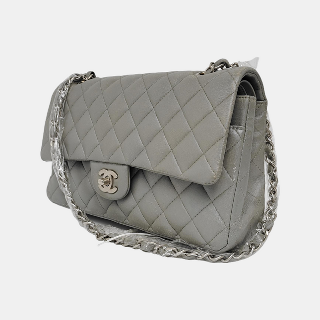 Chanel Timeless Classic Flap Medium Grey Lambskin Leather Silver Hardware
