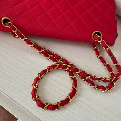 Chanel Classic Flap Medium Vintage Red Nylon Satin with 24k Gold Plated HW