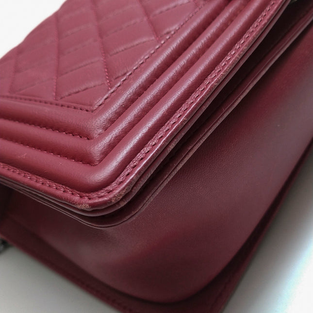 Chanel Le Boy Medium Bag Burgundy Lambskin Leather Silver Antiqued Hardware
