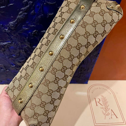 Sold Gucci Horsebit 1955 Large Cloth Beige Monogram Gold Leather Shoulder bag