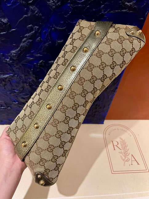 Sold Gucci Horsebit 1955 Large Cloth Beige Monogram Gold Leather Shoulder bag