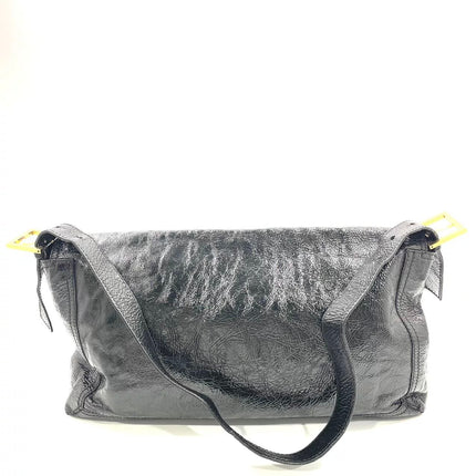 FENDI Baguette Large Black Crinkled Patent Leather Shoulder Bag
