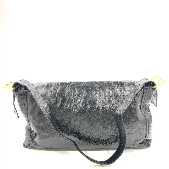 FENDI Baguette Large Black Crinkled Patent Leather Shoulder Bag