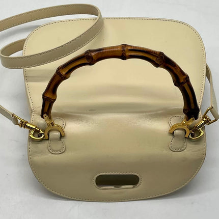 Gucci Bamboo 1947 Vintage Small White Box Leather Top Handle and Leather Strap Bag