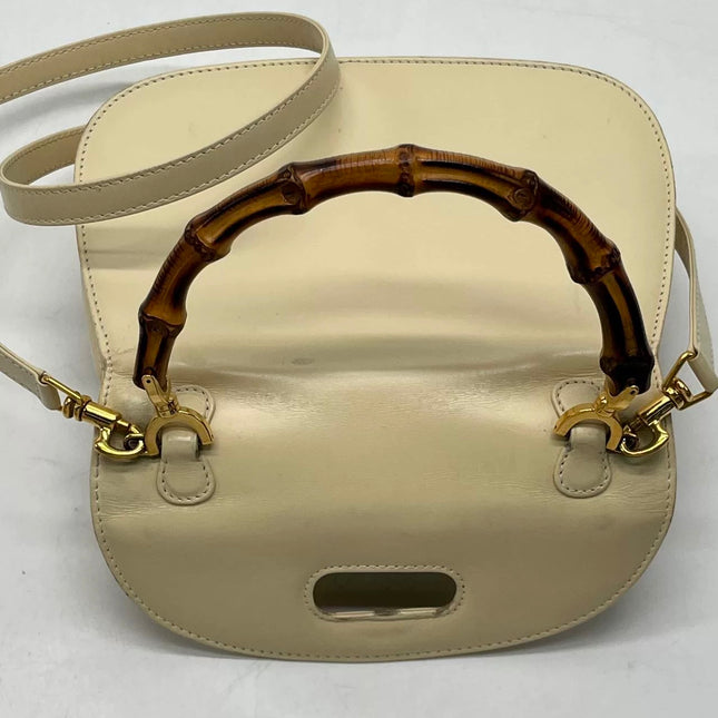 Gucci Bamboo 1947 Vintage Small White Box Leather Top Handle and Leather Strap Bag