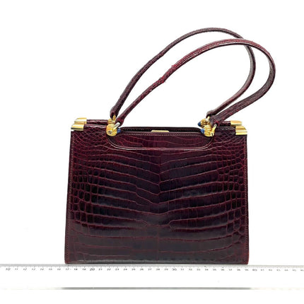 Gucci Vintage Burgundy Alligator Leather Blue Lapis Lazuli Stone Gold-tone Hardware Handbag