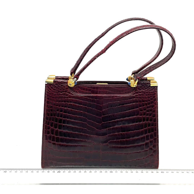 Gucci Vintage Burgundy Alligator Leather Blue Lapis Lazuli Stone Gold-tone Hardware Handbag