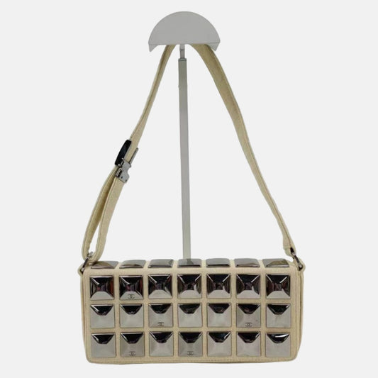 Chanel Ivory Jersey Evening Bag with Mirrored Pyramid Studs Ice Cube Chocolate Bar Shoulder Bag-Luxbags