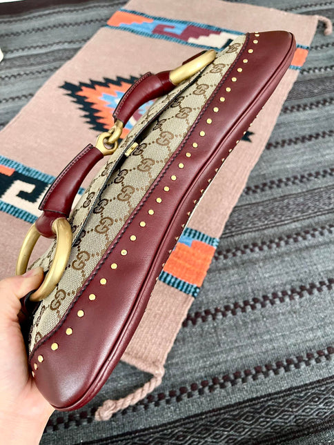 Gucci Horsebit 1955 Large Cloth Beige Monogram Burgundy Leather Shoulder bag