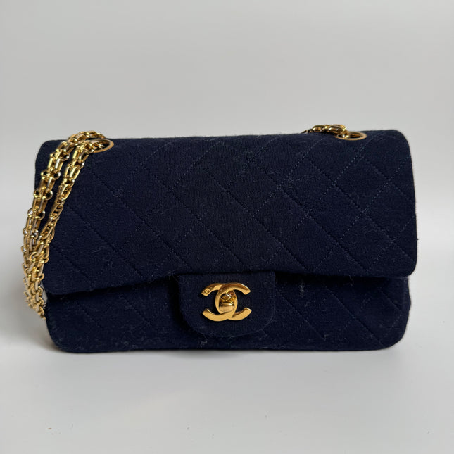 Chanel Classic Flap Small Vintage Navy Fabric 24k Gold Hardware Linked Chain Strap
