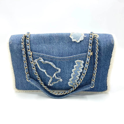 Chanel Blue Denim White Shearling Egyptian Hieroglyph Maxi Flap Bag Gold Hardware, 2019