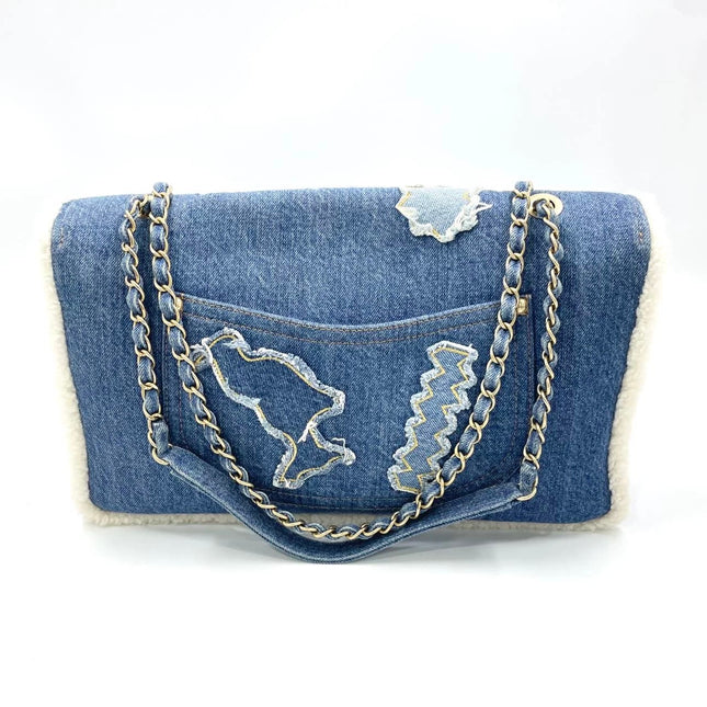 Chanel Blue Denim White Shearling Egyptian Hieroglyph Maxi Flap Bag Gold Hardware, 2019