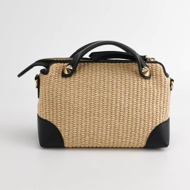 Sold Fendi By The Way Mini Raffia Straw Black Leather Crossbody Bag