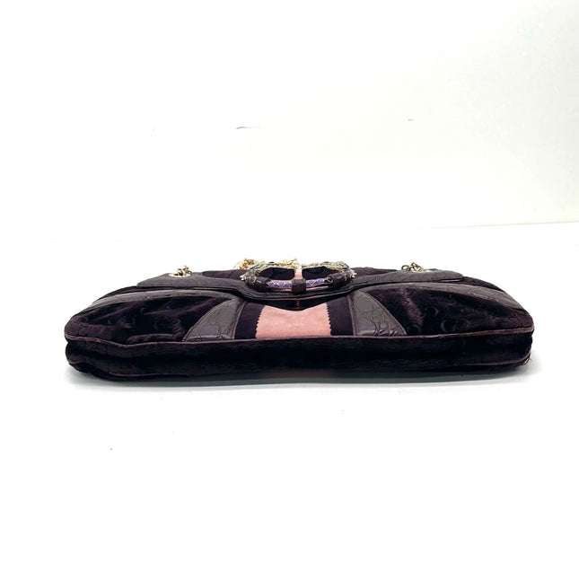 Gucci Jeweled Dragon Bag Purple Crocodile and GG Velvet Bamboo Chain Strap Shoulder Bag