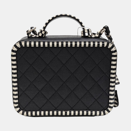 Chanel Filigree Medium Vanity Case Black and White Happy Stitch Top Handle with Chain