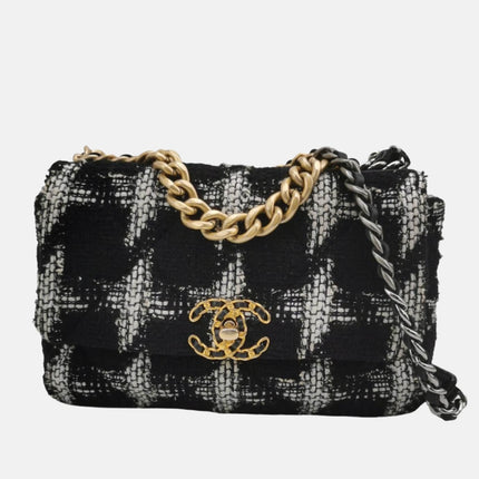 Chanel 19 Bag 2021 Small Black White Checkered Tweed Bag-Luxbags