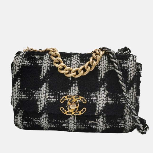 Chanel 19 Bag 2021 Small Black White Checkered Tweed Bag-Luxbags