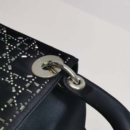 Lady Dior Mini Black Silk with Crystals Silver Hardware