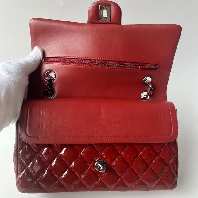 Chanel Classic Flap Medium Cherry Red Patent Leather Silver Hardware