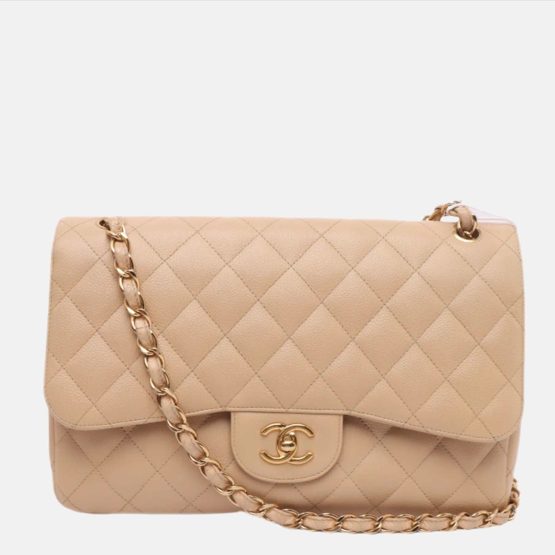 Chanel Classic Flap Jumbo 2010 Beige Caviar Leather Doublr Flap Gold Hardware-Luxbags