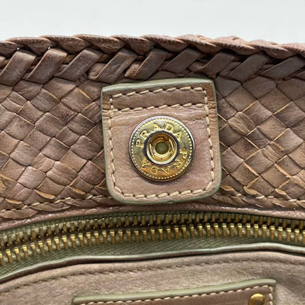 Prada Madras Brown Woven Leather Top Handle Shopping Tote Medium