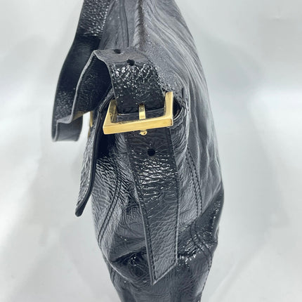 FENDI Baguette Large Black Crinkled Patent Leather Shoulder Bag