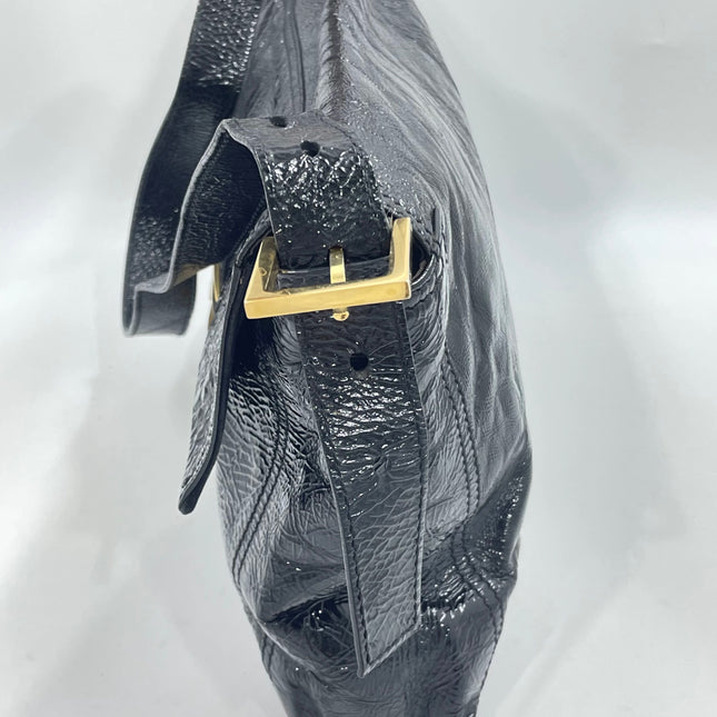 FENDI Baguette Large Black Crinkled Patent Leather Shoulder Bag