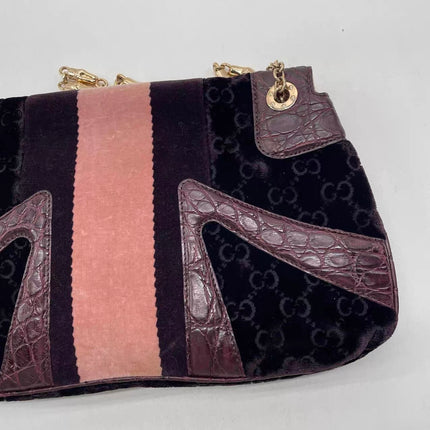 Gucci Jeweled Dragon Bag Purple Crocodile and GG Velvet Bamboo Chain Strap Shoulder Bag