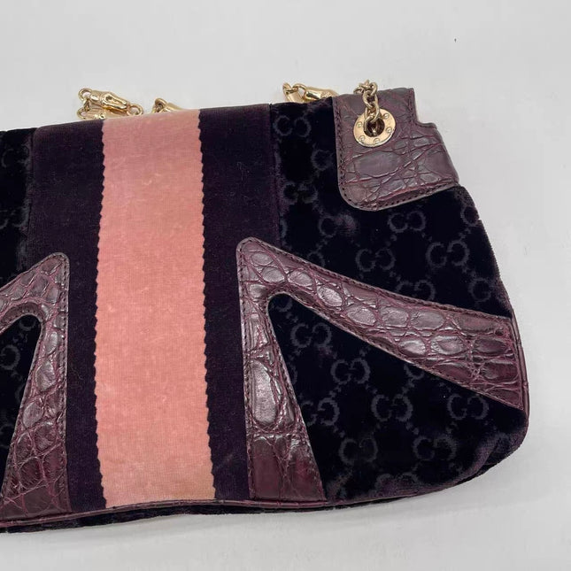 Gucci Jeweled Dragon Bag Purple Crocodile and GG Velvet Bamboo Chain Strap Shoulder Bag