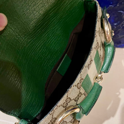 Gucci Horsebit 1955 Chain Bag Gucci Monogram Green Leather and Gold Studs