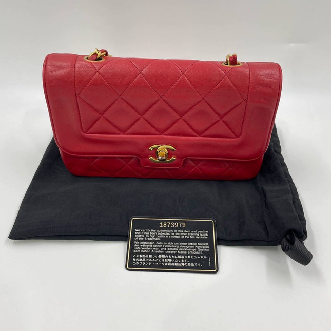 Chanel Diana CC Flap Bag Small Vintage Red Lambskin Leather with 24k Gold HW, 1989-1991
