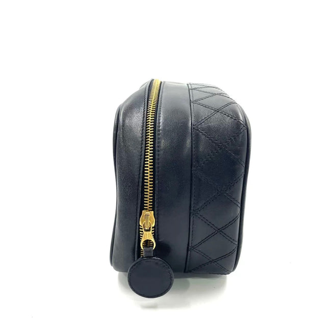 Chanel Vanity Case 1991-1994 Calfksin Leather Black Zip Opening Makeup Bag