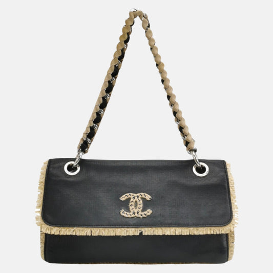 Chanel Classic Flap Chain Shoulder Bag Large Black Leather and Straw-Luxbags