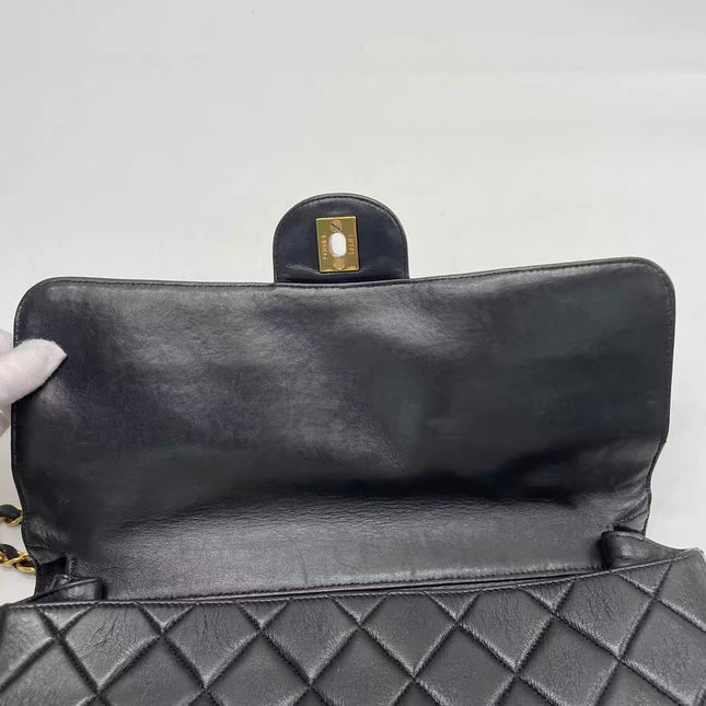 Chanel Jumbo Double Sided Classic Flap Black Lambskin Leather 24k Gold Hardware Handbag