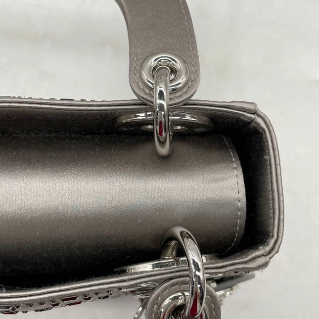 Lady Dior Mini Grey Silk with Crystals Silver Hardware