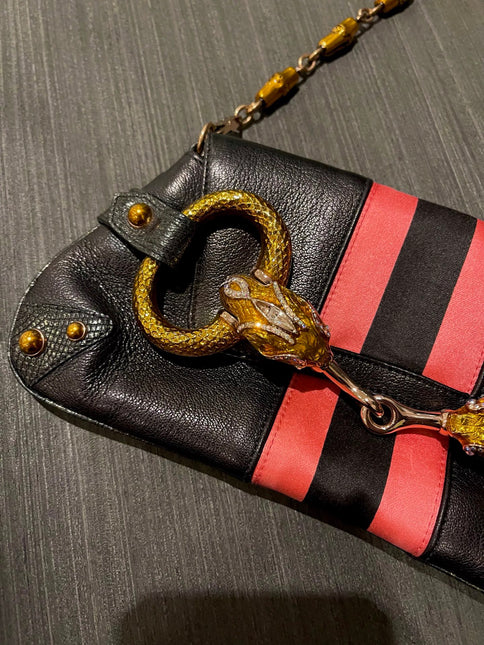 Gucci Horsebit 1955 Small Black Leather Embellished Snake Head Buckle