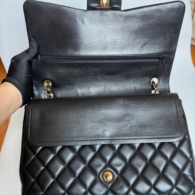 Chanel Classic Flap Maxi Black Lambskin Leather Double Flap with Gold-tone Hardware