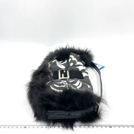 Fendi Baguette Black Print Fabric and Furry Shoulder Bag