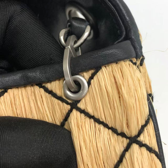Chanel Medium Straw Wicker Flap Bag Black Diamond Wild Stitch