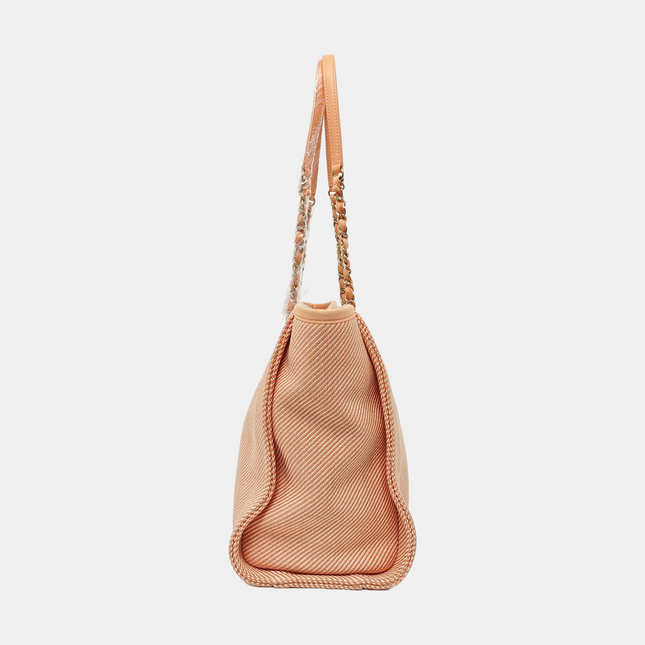 Chanel Deauville Tote coral Pink Cloth Leather Chain Strap Small 34cm