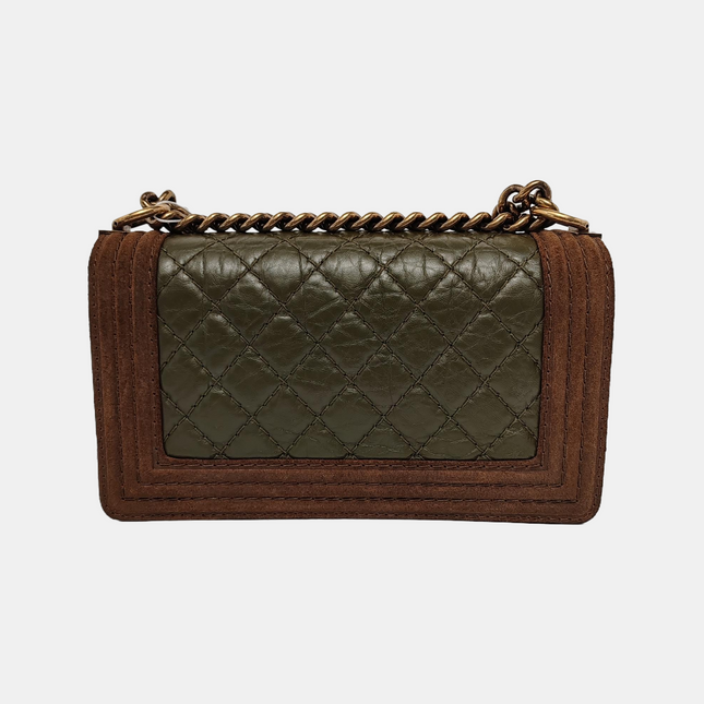 Chanel Le Boy Medium Dark Green Calfskin Brown Suede Leather Bag Gold Hardware