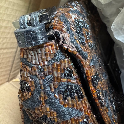 Fendi Mini Mamma Baguette Brown Glitter Beads Floral Embroidery