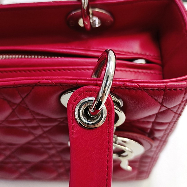 Lady Dior Medium Red Lambskin Leather Gold Hardware Leather Strap