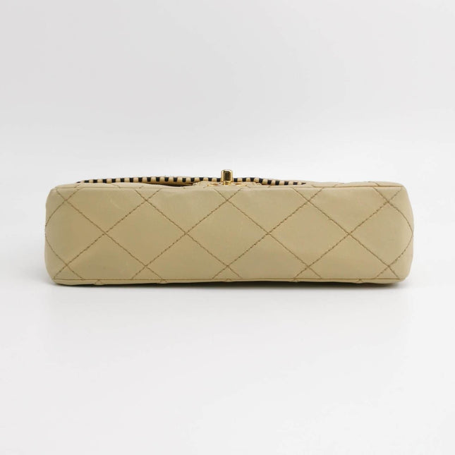 Sold Chanel Classic Flap Medium Happy Stitch Beige Leather with Contrast Black Trim