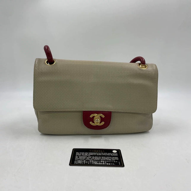 Chanel Vintage Classic Flap Bi-color Beige Perforated Leather and Red Leather Strap Bag, 2000-2002