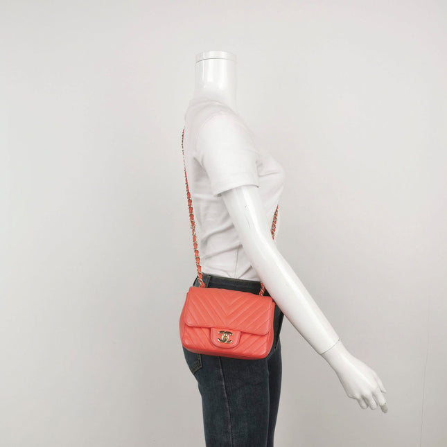 Sold Chanel Classic Flap Square 2019 Coral Orange Chevron Lambskin Leather Bag